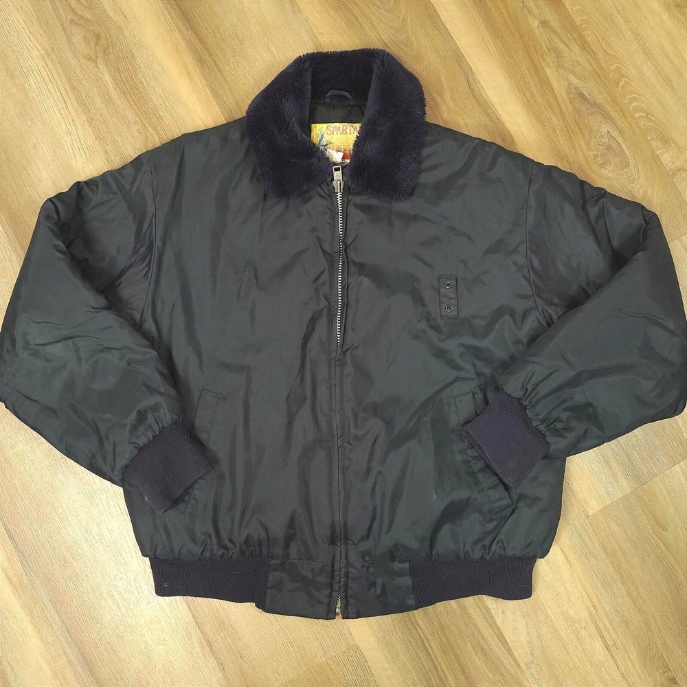 Vintage Spartan Uniform Outerwear Black Nylon Bomber Jacket Faux Fur Collar L